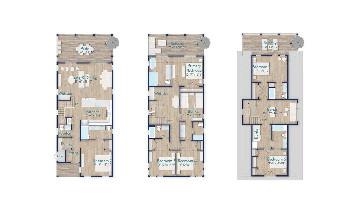 This wide-angle interior shot ties together the living and dining areas with the kitchen and wet bar. The scene includes plush sofas, a spacious dining area, chef-inspired kitchen with a walk-in pantry, and a wet bar in the background—showcasing all the key features mentioned in the section. The view extends toward patio access, hinting at seamless indoor-outdoor living and inviting gathering spaces.