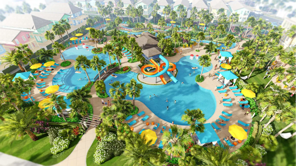 A sweeping view of the large resort pool area, featuring colorful waterslides, a lazy river winding through the grounds, poolside lounge chairs with bright umbrellas, and lush tropical landscaping. Guests are seen swimming, floating, and sunbathing, capturing the energetic, joyful atmosphere of the resort’s amenities.